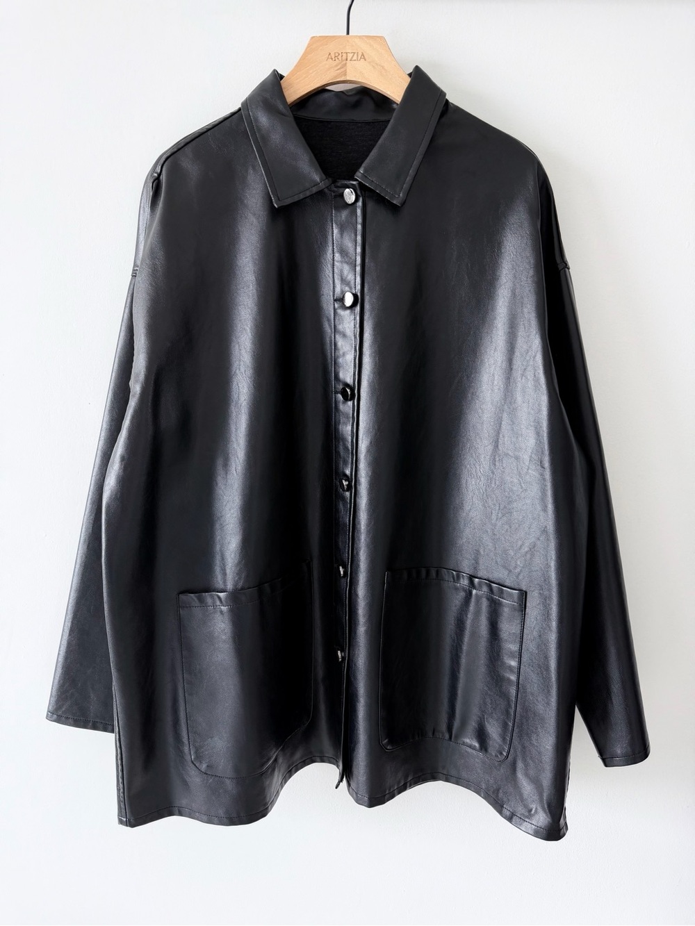 Oversized Black Faux Leather Shirt Jacket Snap Button Minimalist Shacket - Picture 4 of 10
